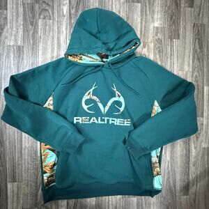 Realtree Camo Logo Hoodie Green Teal Pullover Hooded Sweatshirt Men’s Poly